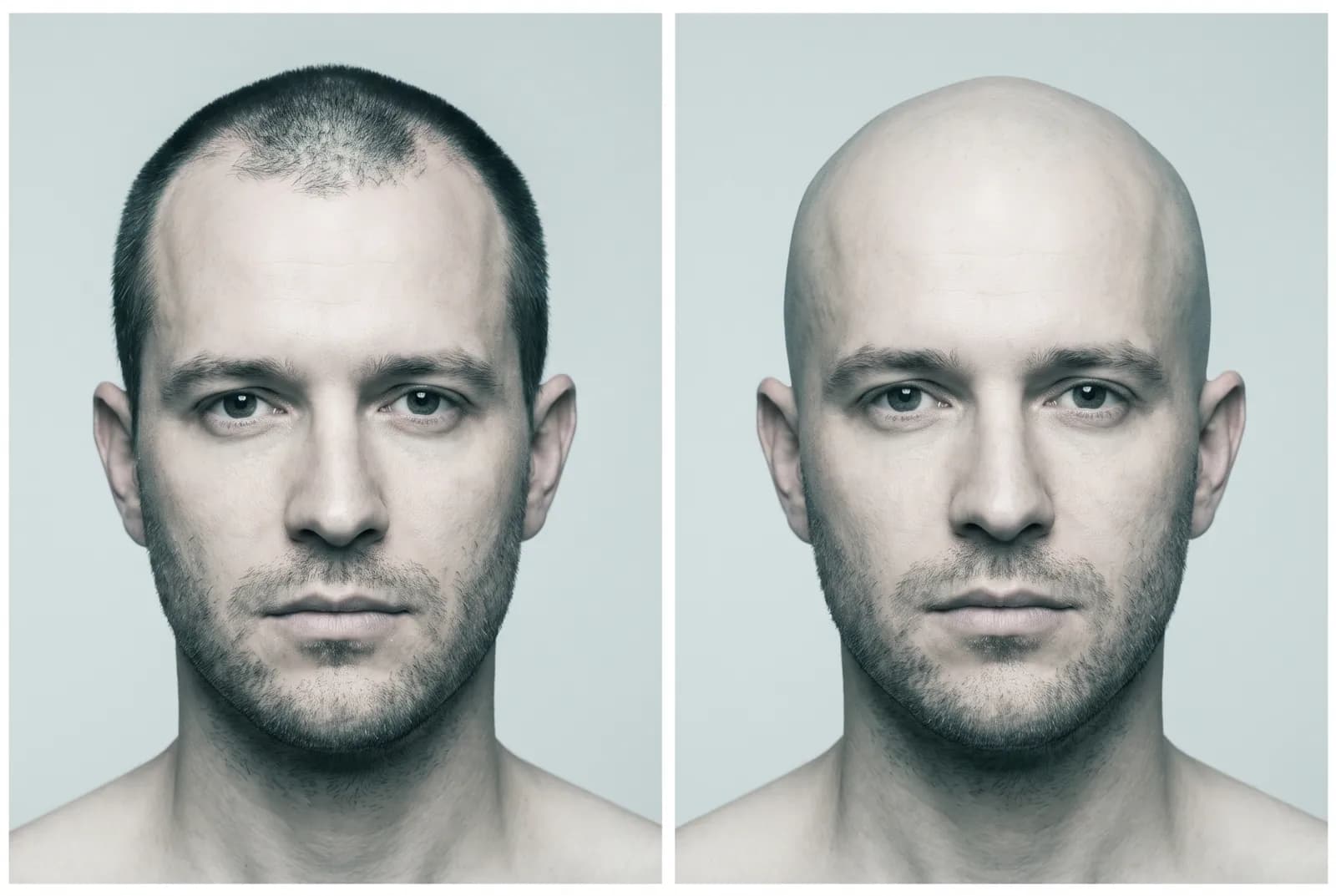 Side-by-side comparison of the same man with a tight buzz cut and with a fully shaved head