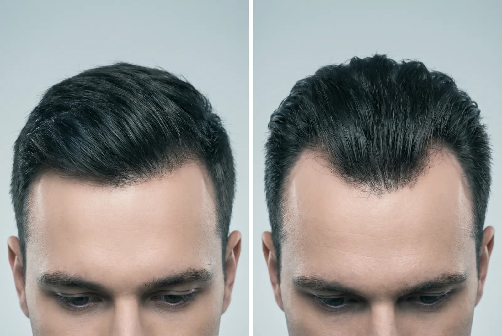 Side-by-side comparison of two hairlines: an evenly settled mature hairline on the left, and a hairline receding into an M-shape at the temples on the right