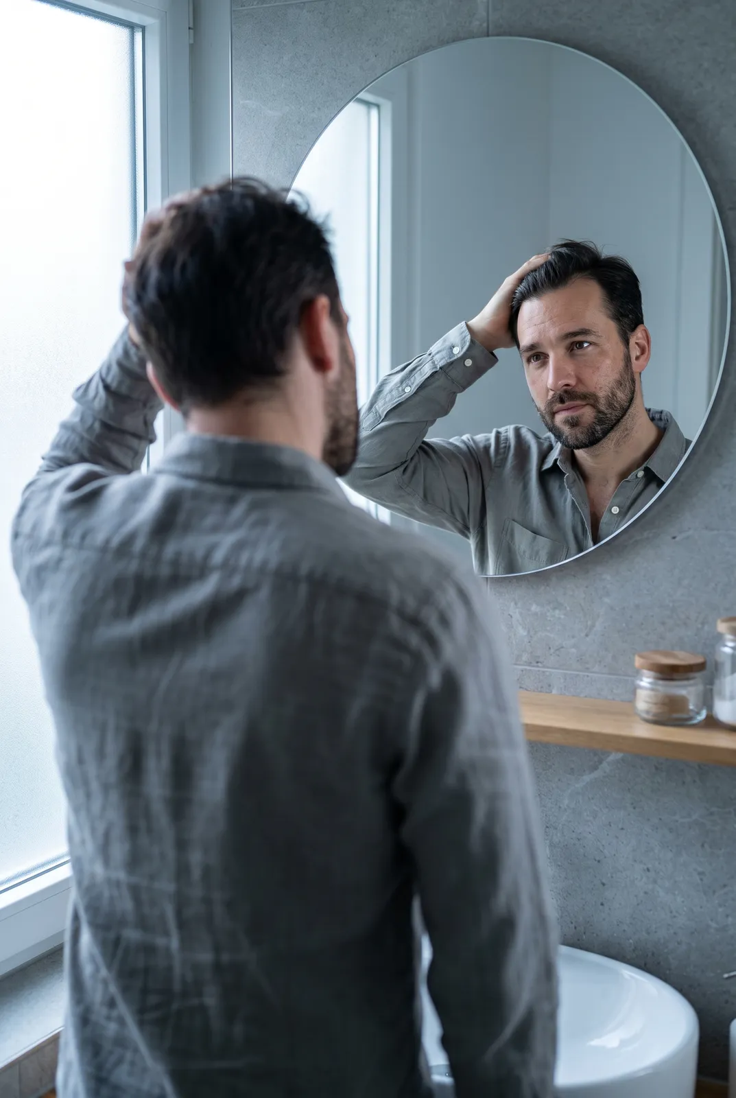 Man checking the recession at his temple in a round bathroom mirror
